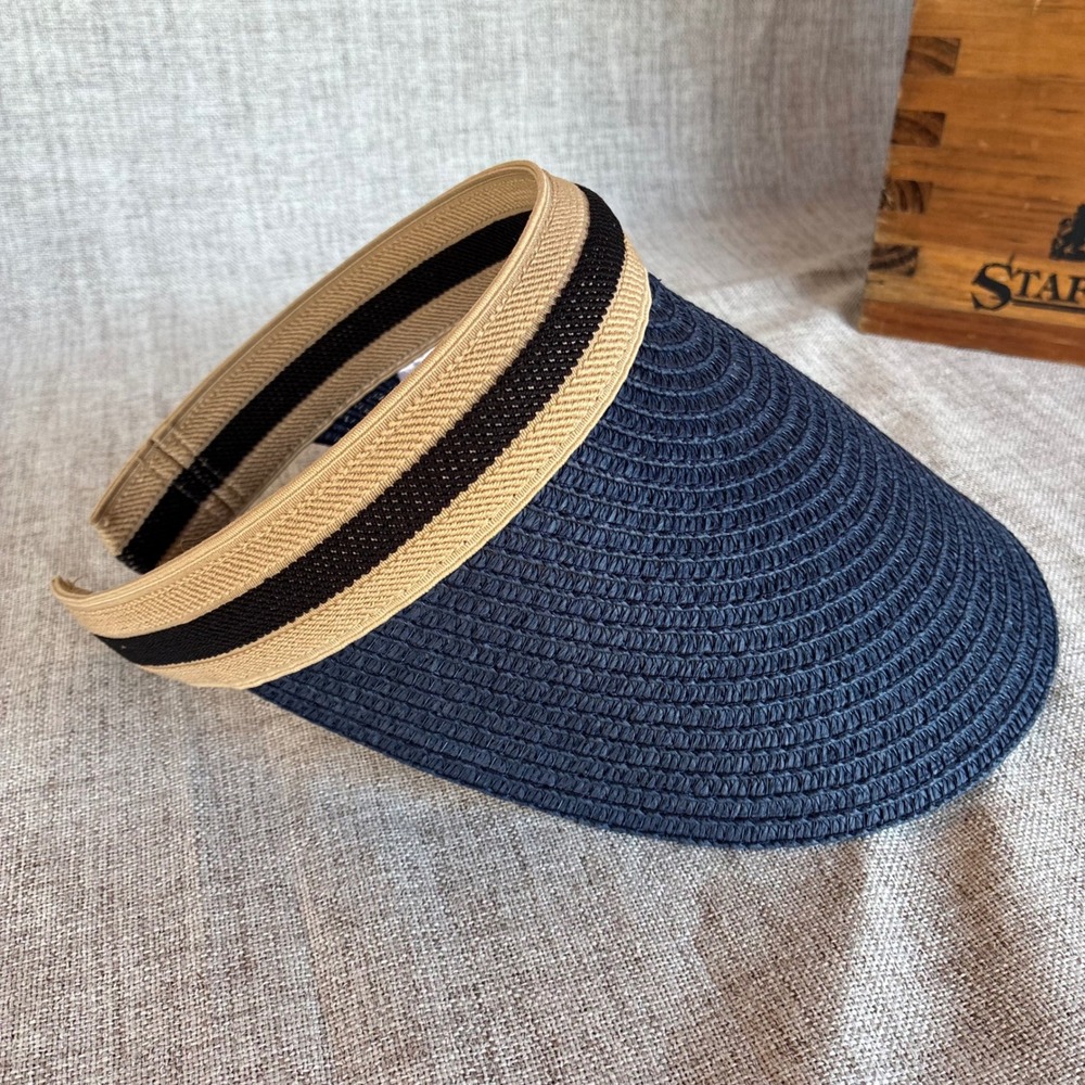 YUMI Navy Blue Paper Straw Sun Visor Wide Brim Slip On Beach Hat One Size